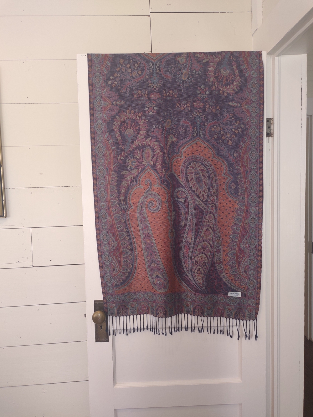 “100% Pashmina Paisley Wrap Shawl Fringe Rust Blue Oversized